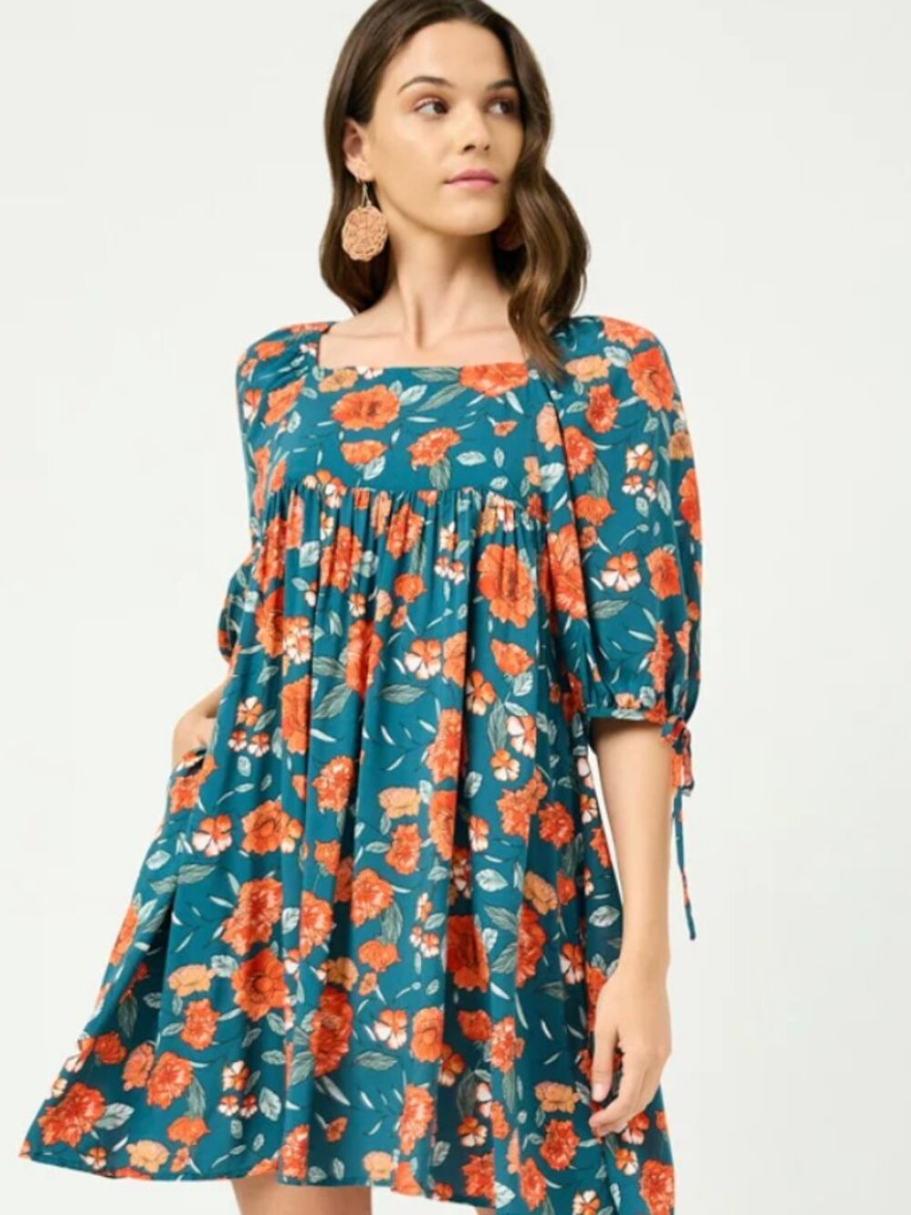 Hayden Romantic Floral Mini Dress Teal Orange Boho Fall Rayon Women's Size L